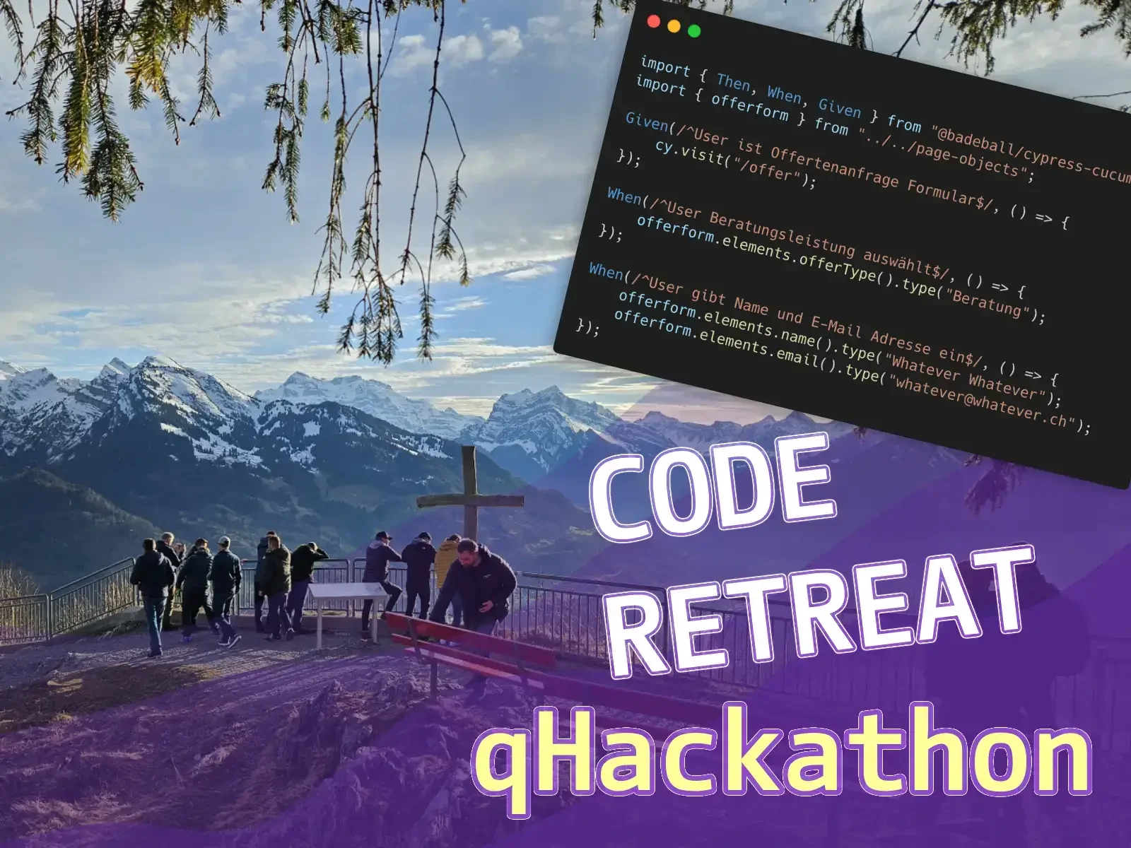 Code Retreat Hero - Berglandschaft mit Code-Editor-Overlay