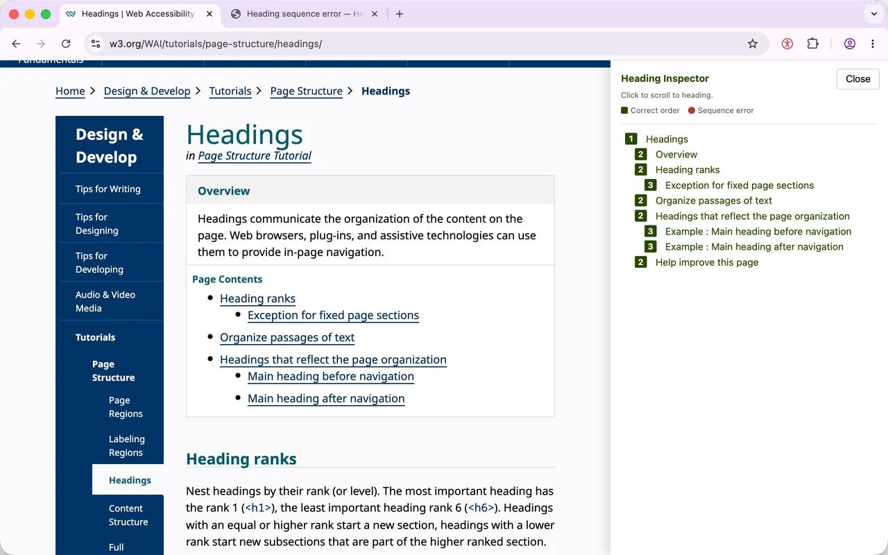 Heading Inspector showing a web page's heading structure in correct order