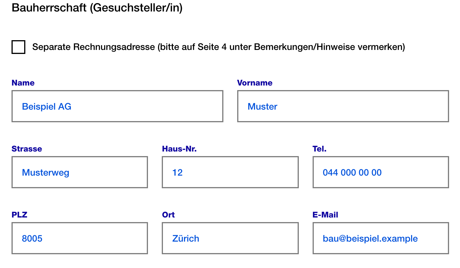 Derselbe Abschnitt als Anwendung, mit klar beschrifteten Feldern und Beispieldaten im Design der Stadt Zürich