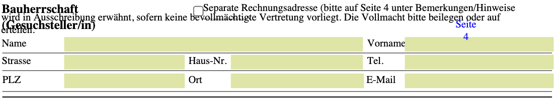 Der Bauherrschaft-Abschnitt im PDF-Formular, mit überlappenden Beschriftungen und gelb markierten Eingabefeldern